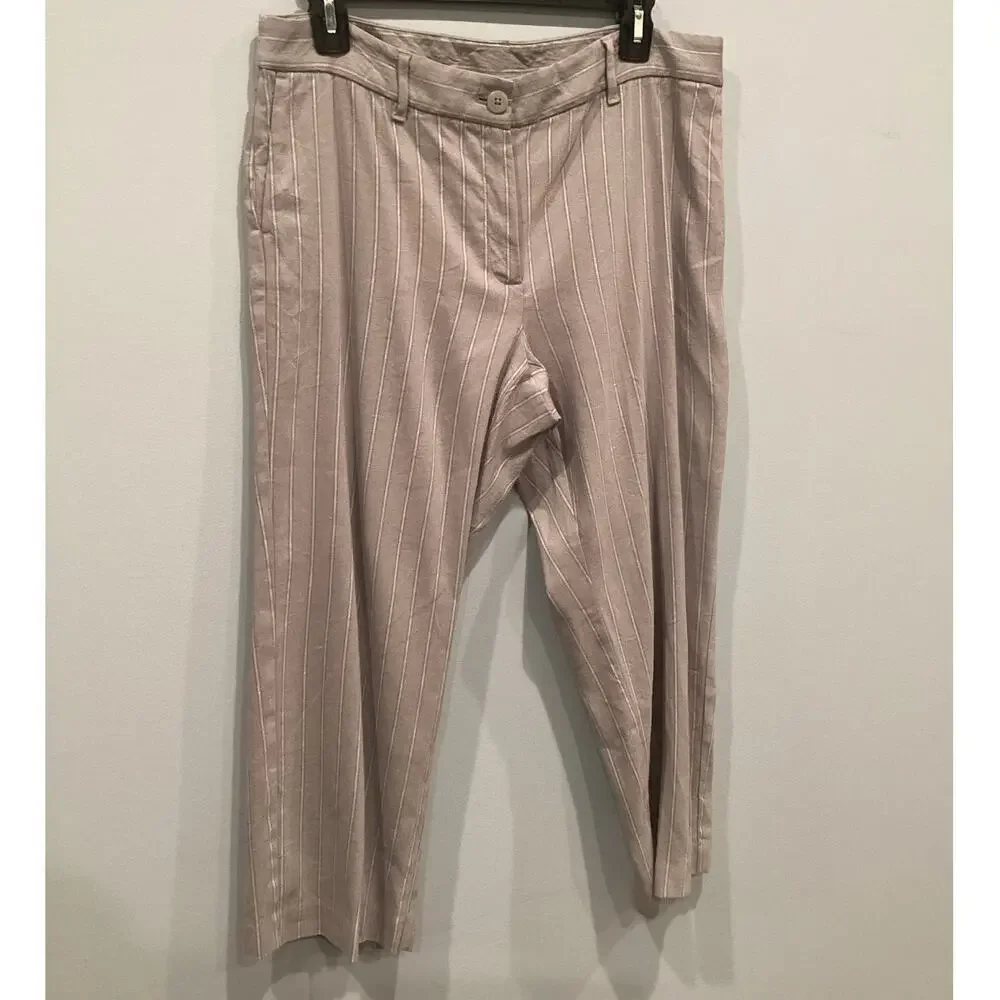 J. Jill Womens Linen stretch Pants Size 12P 12‎ P Gray Pinstripe Cropped Coastal